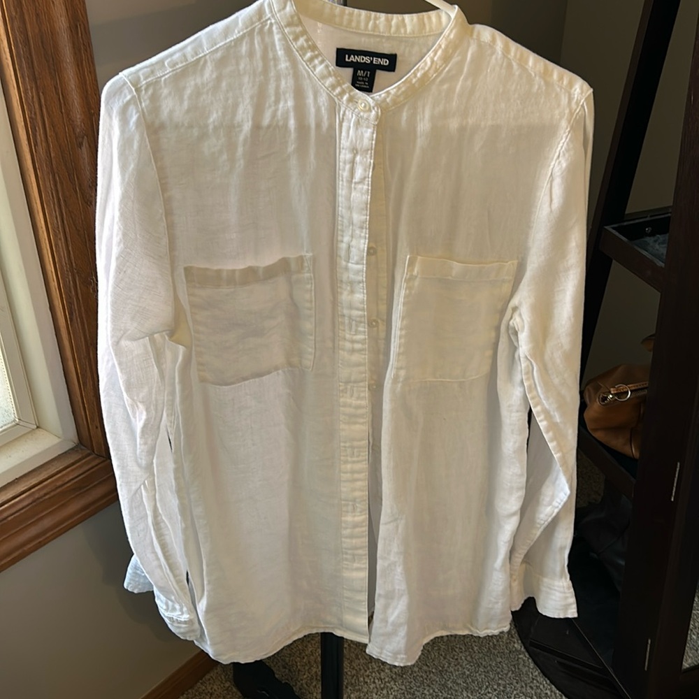 Lands End White Medium Tall Linen long sleeve button down shirt